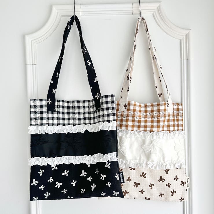 リボンギンガムチェックパターンフリルトート[品番：OUTW0000055