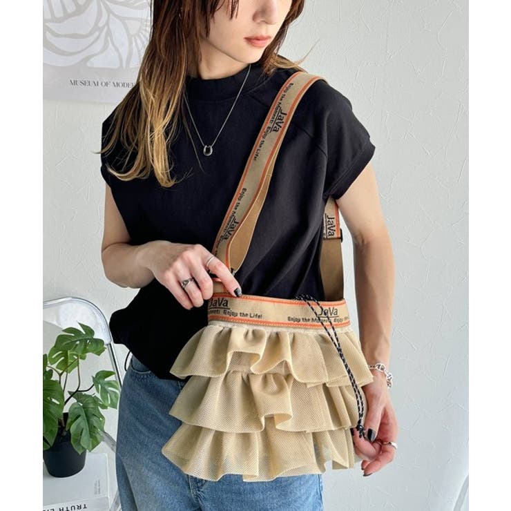 えり】ダブルフリル巾着ショルダーバッグ 帆布 ココア×エレガント