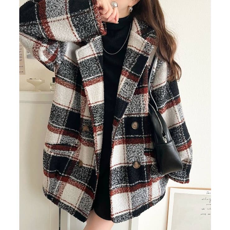 mily bilet】起毛ブークレチェック柄コクーンシルエットダブル