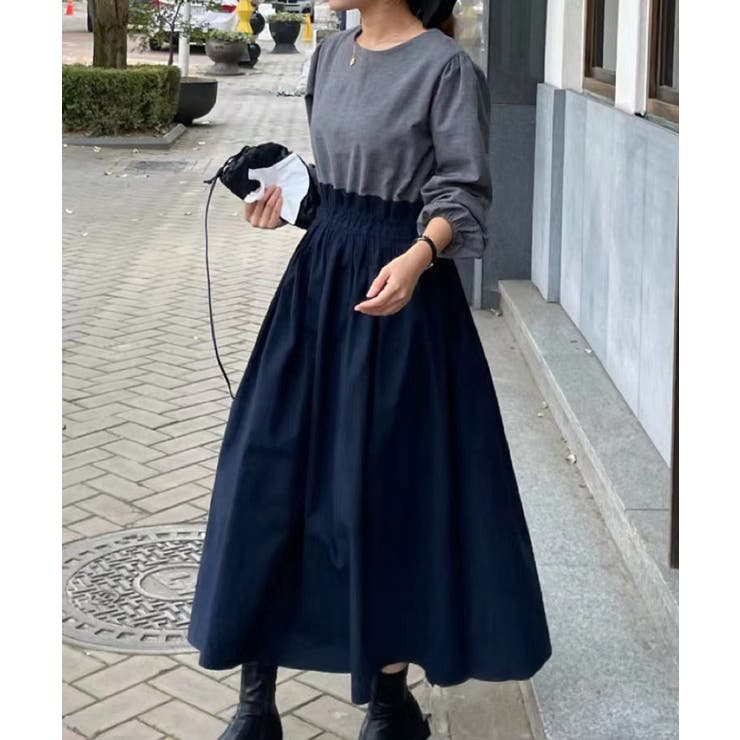 ワンピース ドッキングワンピース 異素材切り替え[品番：COCW0005582