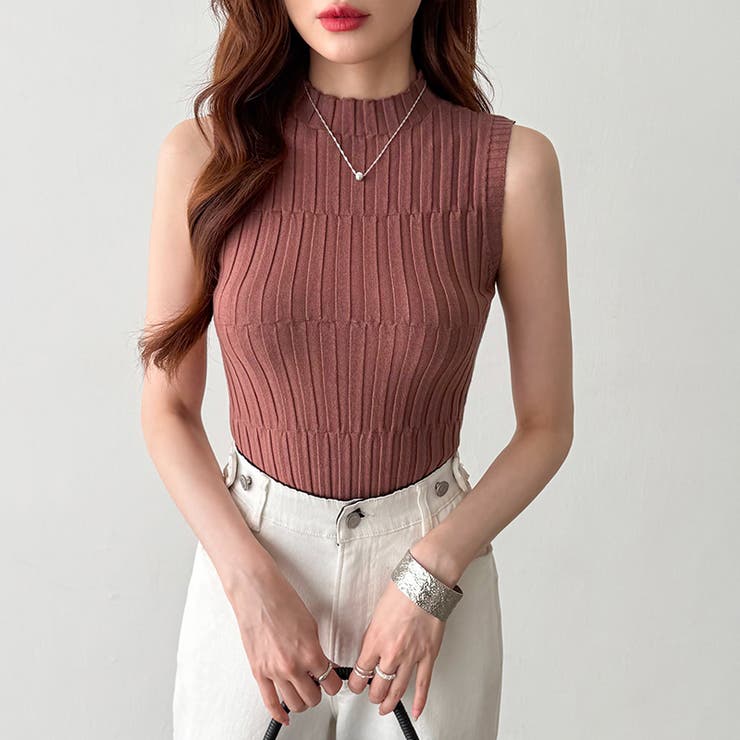 ノースリーブハイネック サマーニット タンクトップ[品番：COCW0005845