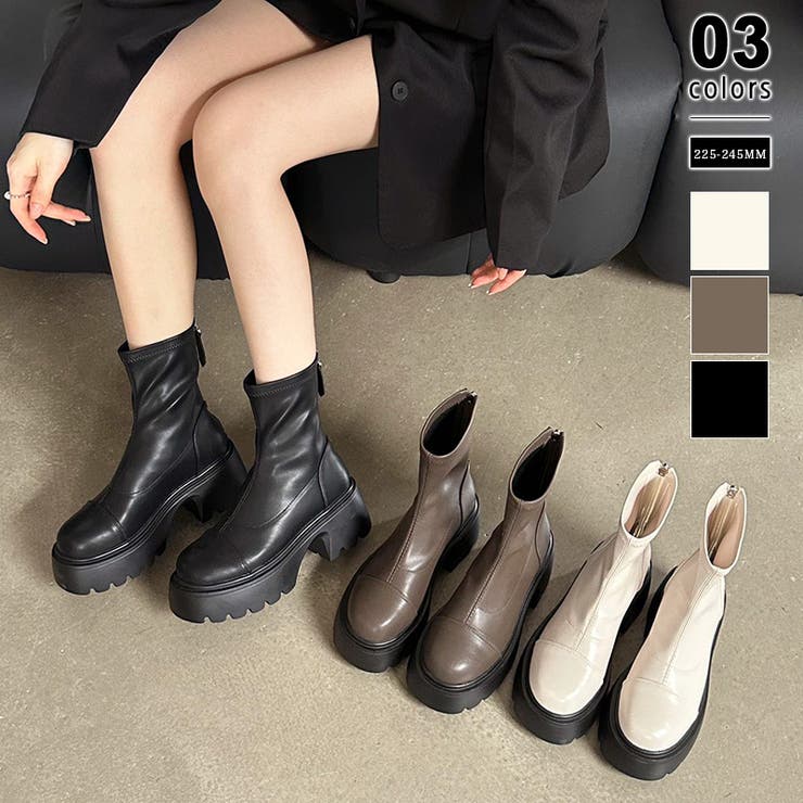 厚底ショートブーツ トラックソール バックジップ[品番：COCW0006100