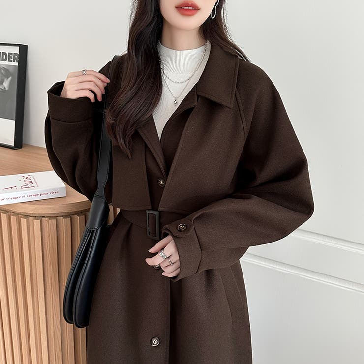 ロングコート ベルト付き 2wayスタンドカラーコート[品番：COCW0006049