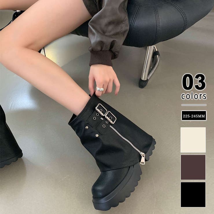 厚底ブーツ ショートブーツ ベルト付きカバーブーツ[品番：COCW0006174