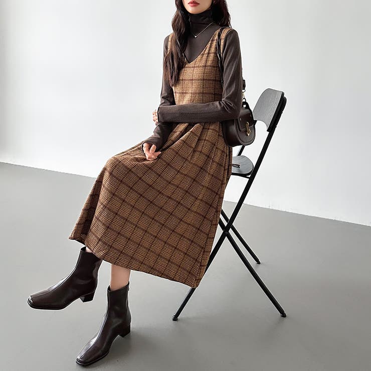 ジャンパースカート チェックワンピース ノースリーブワンピース[品番