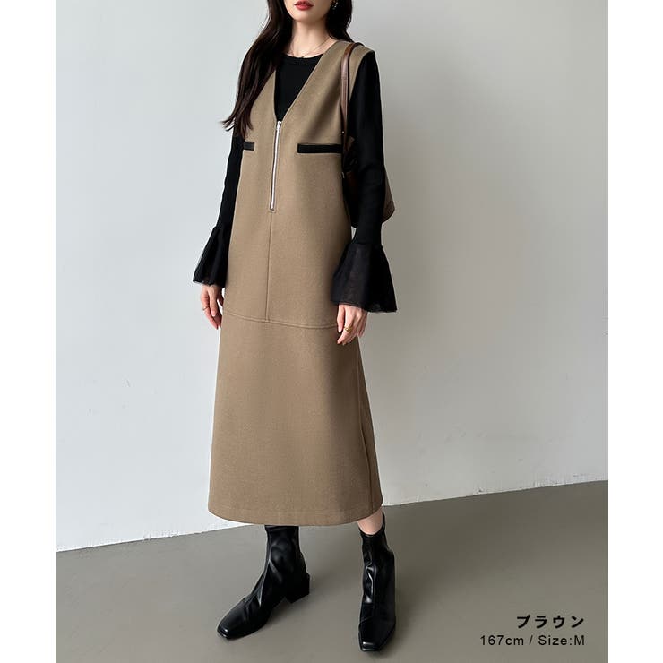 ジャンパースカート ハーフジップワンピース vネック[品番
