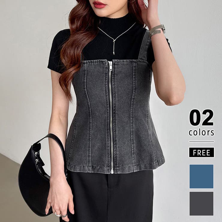 デニムビスチェ デニム フロントジップキャミソール[品番：COCW0006325