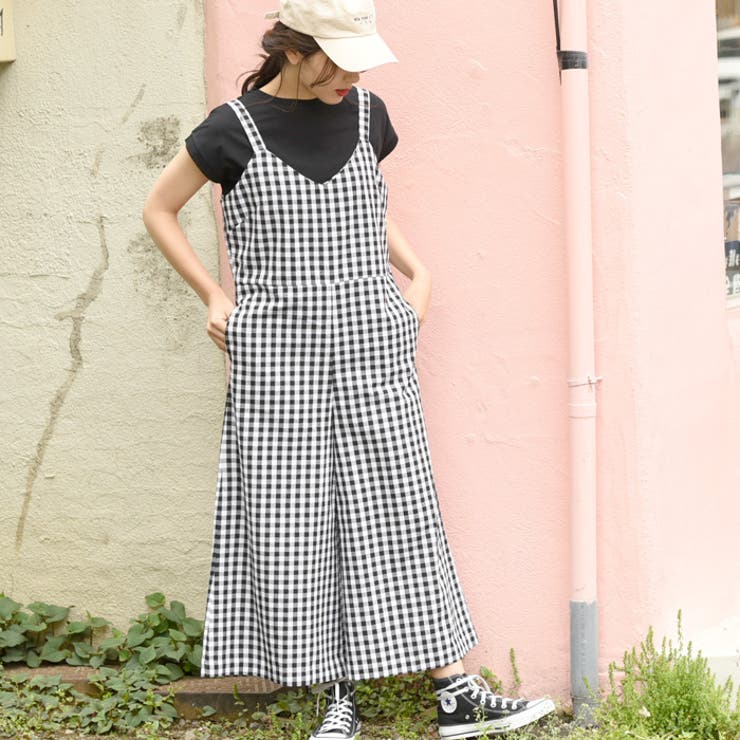 ギンガムチェックワイドサロペット(オーバーオール キャミソール