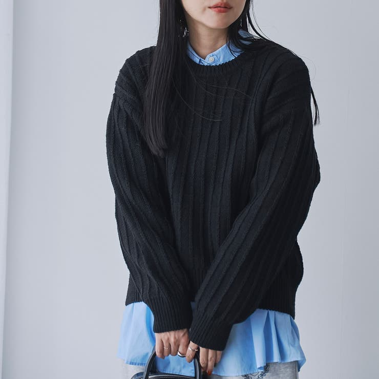 毛玉抑制/帯電防止】チェーンストライプクルーネックニット[品番