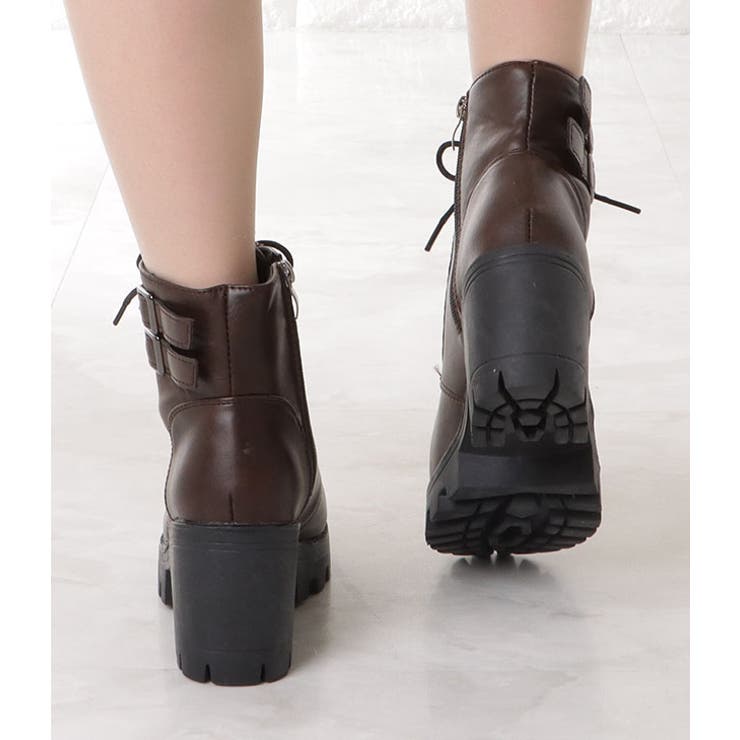 ダブルベルト付きレザー調レースアップショートブーツ 女性 レディース