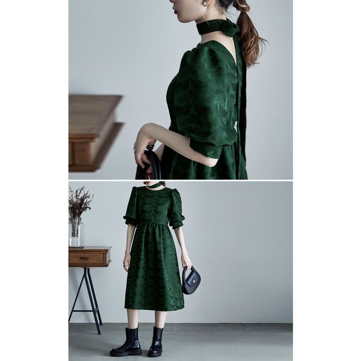 etoll エトル ジャガードパフスリーブドレス[品番：FT000008539