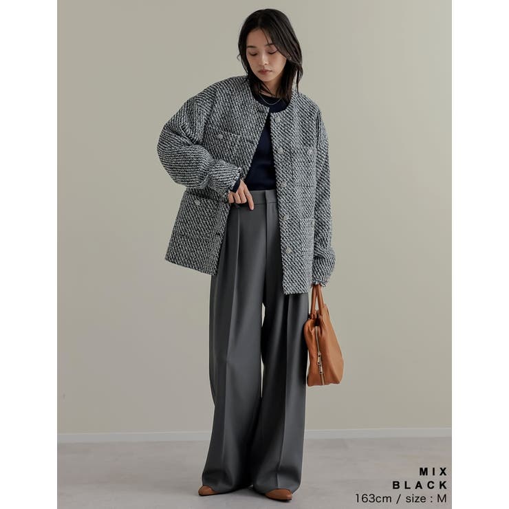 累計販売枚数6,500枚突破！]ツイードフリンジノーカラージャケット