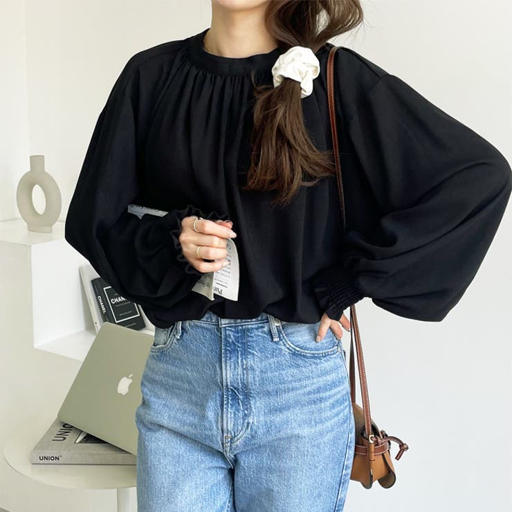 ハイネックギャザーバルーンスリーブブラウス[品番：GERW0000039