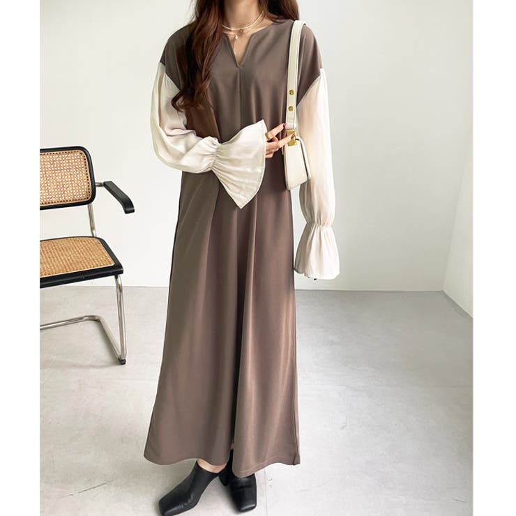 ブラウスレイヤード風ドッキングワンピース[品番：GERW0010599]｜GeeRA