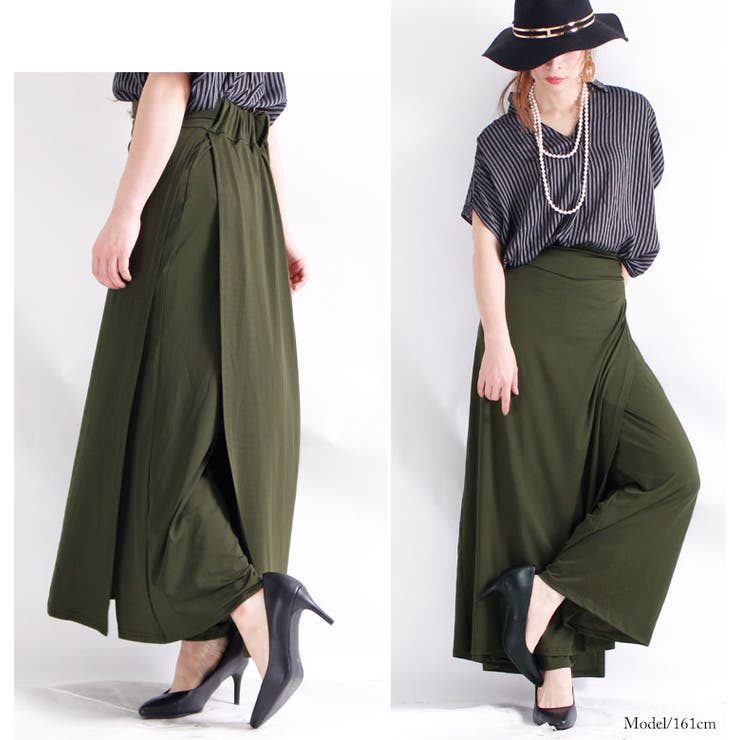 美脚効果抜群♪ 巻きスカート風ワイドパンツ 大きいサイズ[品番