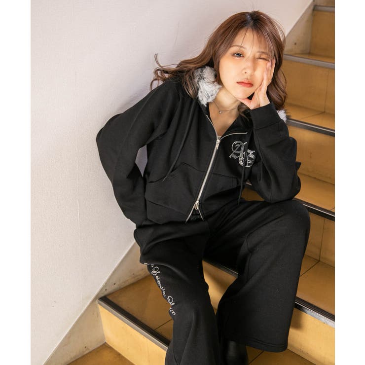 ファー付×ストーンロゴ》冬映え ストリート 裏起毛ショート丈ZIP