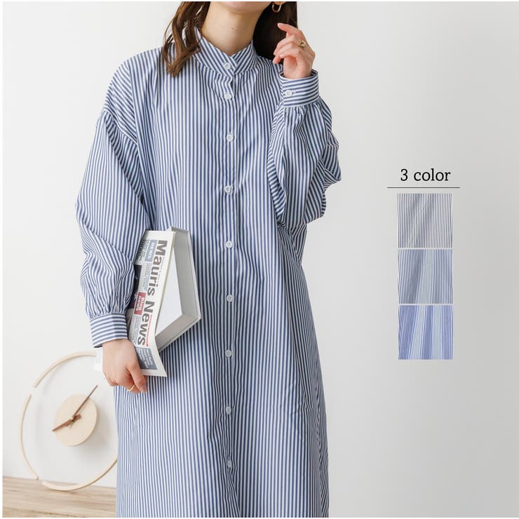 バンドカラーストライプシャツワンピース[品番：ORGW0000343]｜Ada