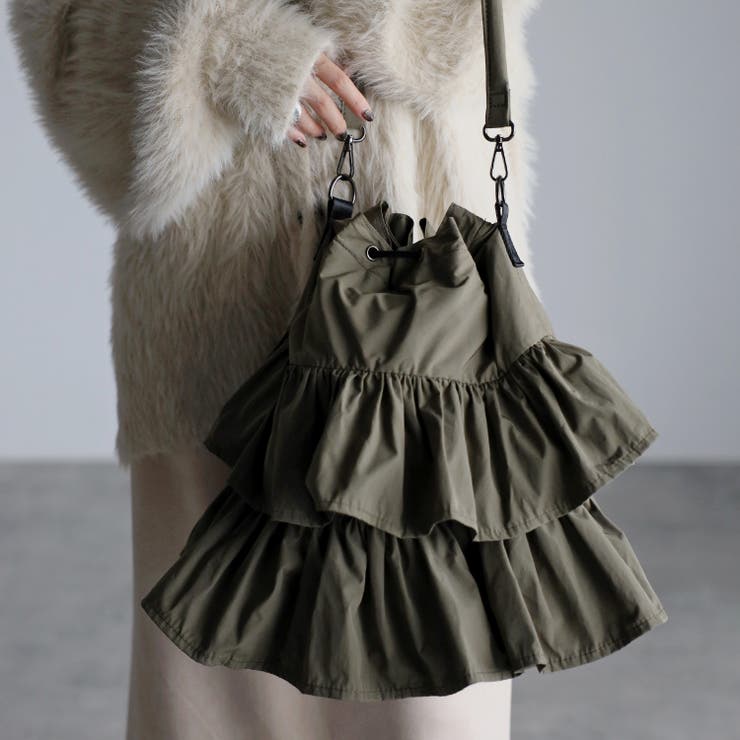 プリーツフリルショルダーバッグ ドローストリング 2段フリル[品番