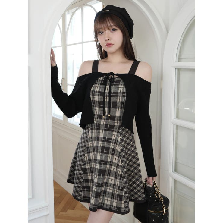 形が選べる】フェザーチェックアンサンブルワンピース[品番