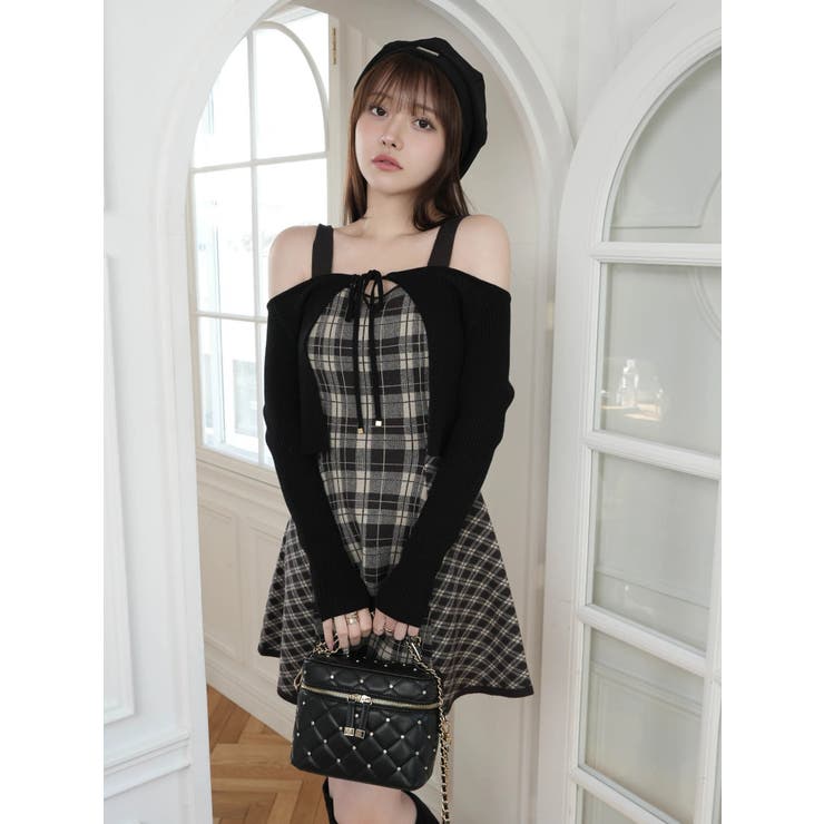 形が選べる】フェザーチェックアンサンブルワンピース[品番