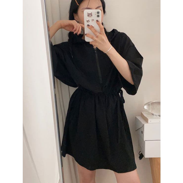 アノラックパーカーワンピース半袖 全3色 ミニワンピ[品番