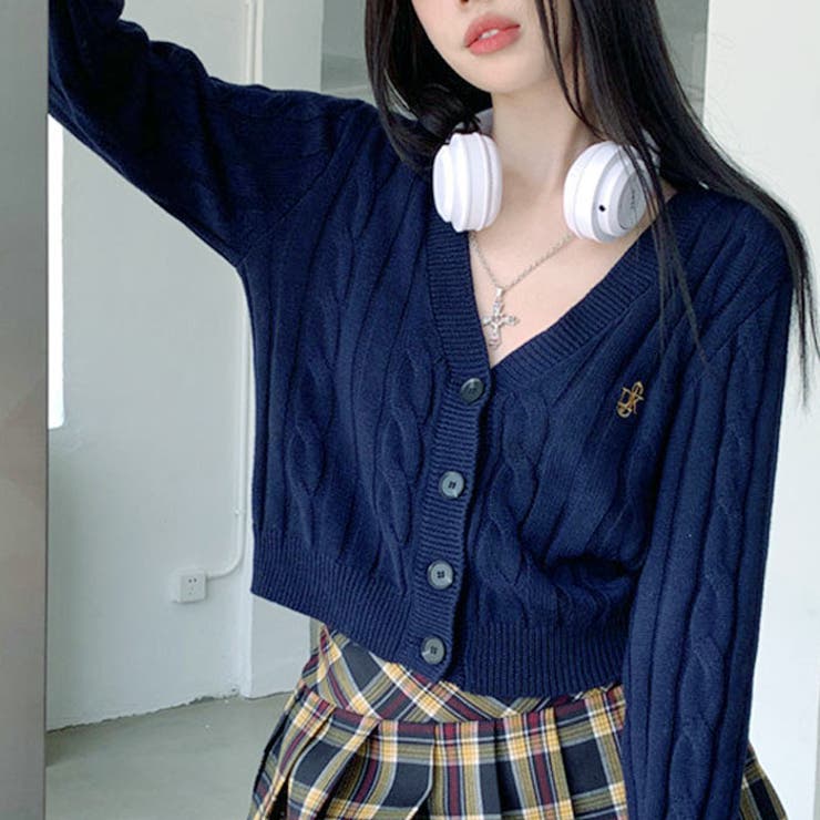 ケーブル編みカーディガン Vネック カーディガン[品番：KH000014924