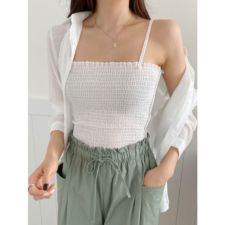 シアーオーバーサイズシャツ＋シャーリングキャミソール セット