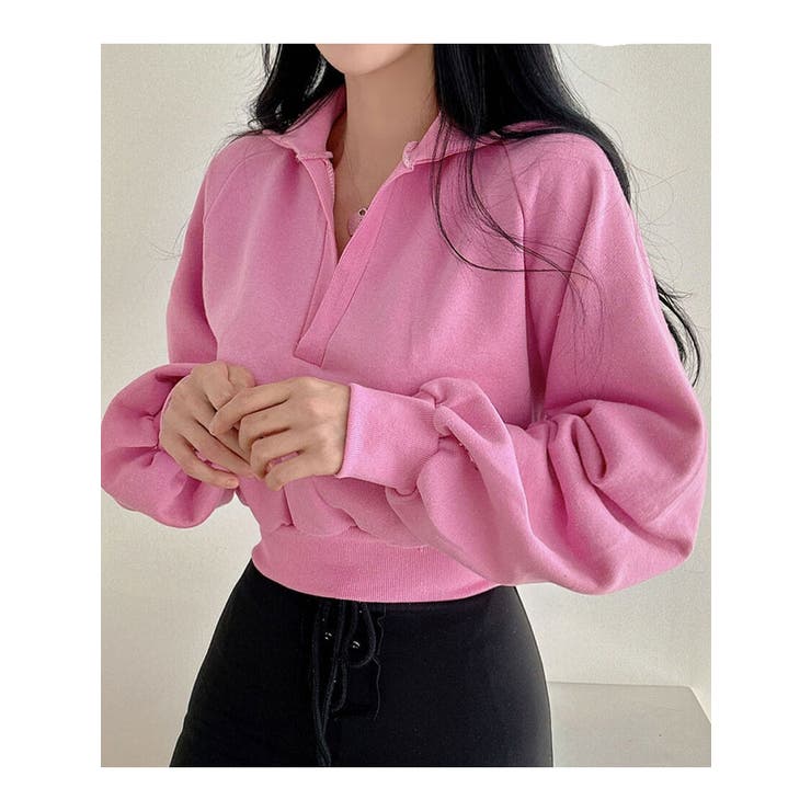 襟付きVネッククロップトレーナー長袖 tシャツ ショート丈[品番