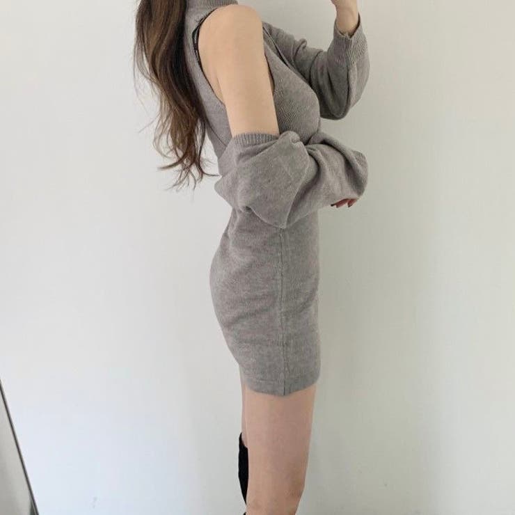 カシュクールニット付きミニワンピース ニットワンピース プチハイ