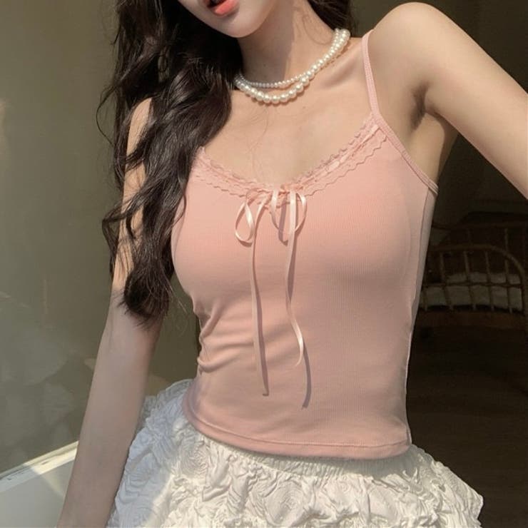 春夏新作】カップ付き胸元レースリボンキャミソール[品番：SHNW0012505