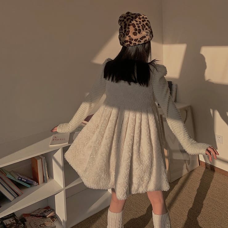 エコファーノースリーブミニワンピース 韓国ファッション 春新作[品番