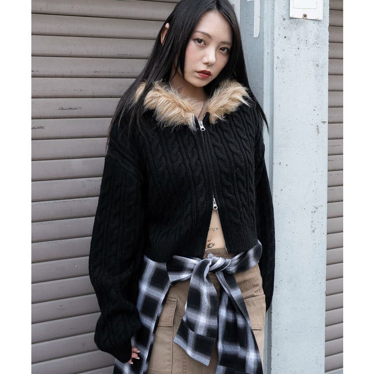 フェイクファー付きケーブルニットパーカー[品番：WG010096286]｜WEGO