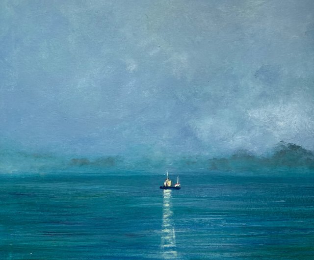 ロシア 船の絵画オリジナル、キャンバスに油彩、夜の絵画、船の壁の