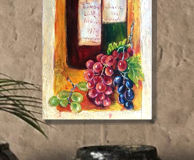 ロシア ワインボトルの絵画、手塗りの油絵、フルーツの静物画
