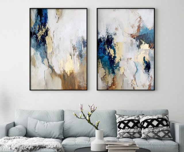 送料無料 30%OFF】ウクライナ 青と金の抽象画 | 抽象画2枚セット