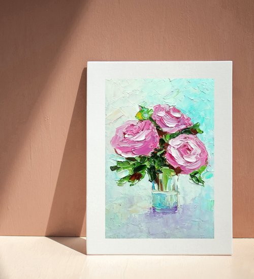 10%OFF】ロシア ピンクのバラの花束のオリジナル絵画、花のアート