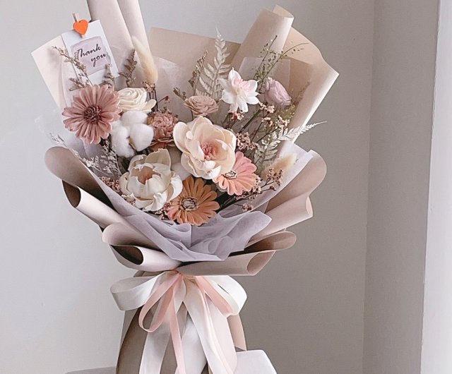 台湾 【枯れないドライフラワー】ピンクベージュ白牡丹バラナチュラル