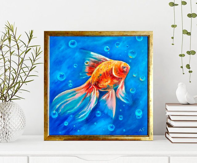 10%OFF】ロシア 金魚のオリジナル油絵、水中壁アート、額入りアート