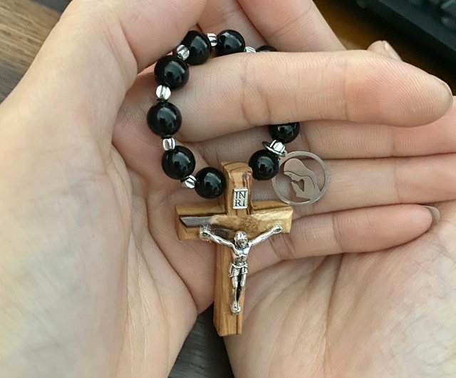 台湾 ミニロザリオ 車用ハンギング 8mmブラックオニキス 輸入オリーブ