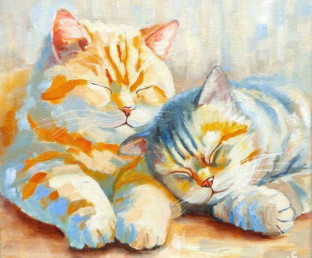 10%OFF】ロシア 眠っている猫の絵画、カップルのオリジナルアート