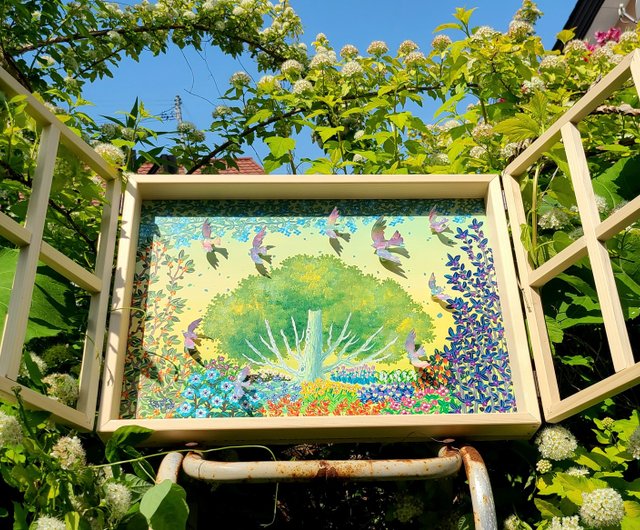 風庭散歩/原画一点のみ】花畑 絵画 鳥 窓 花園 カラフル かわいい 店舗