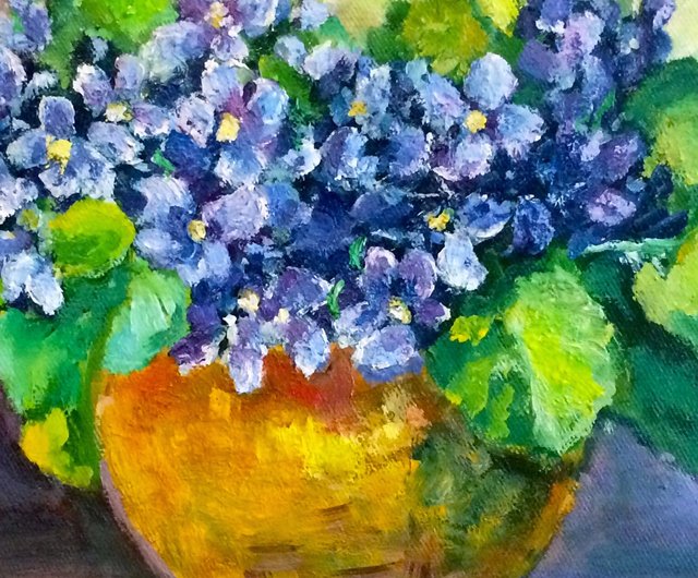 ロシア 青い花の絵、スミレの油彩、キャンバス、オリジナルのアート