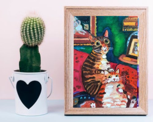 送料無料】ロシア 2匹の猫の絵 オリジナルアート キャンバスに描かれた