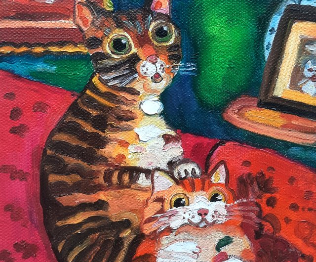 送料無料】ロシア 2匹の猫の絵 オリジナルアート キャンバスに描かれた