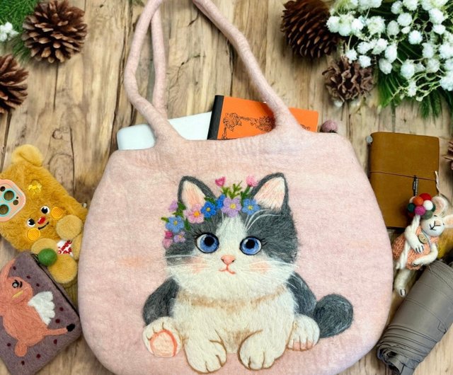 台湾 手作りニードルフェルト 羊毛フェルトショルダーバッグ 猫ちゃん