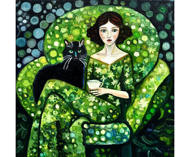 送料無料】ロシア 原創畫黒猫の少女 絵画アート オリジナルアート 油絵