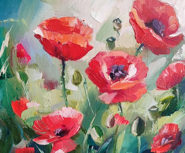 ロシア ポピー 油絵 ポピー 小さなアート 赤い花のアートワーク 花の