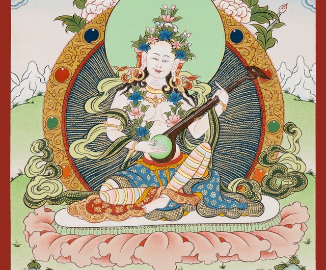 送料無料 50%OFF】ネパール 仏教の知恵の女神サラスヴァティのタンカ