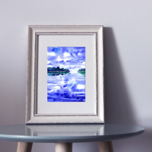 フィンランド オリジナルの水彩画の風景雲と湖。細密画 雲