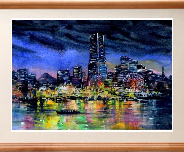 水彩画 横浜みなとみらい夜景3 松下勝明 | ポスター・絵 - Pinkoi